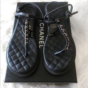 Chanel Quilted Gold Chain Sling Back Sandals